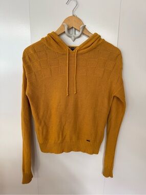 Volcom Mustard Yellow Hooded Knit Sweater | Small | Cozy Cropped Fit